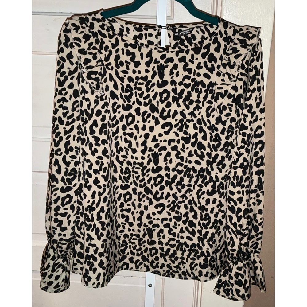 SHEIN Leopard Print Ruffle Shoulder Blouse Tan Black Animal Print Size L US 8/10